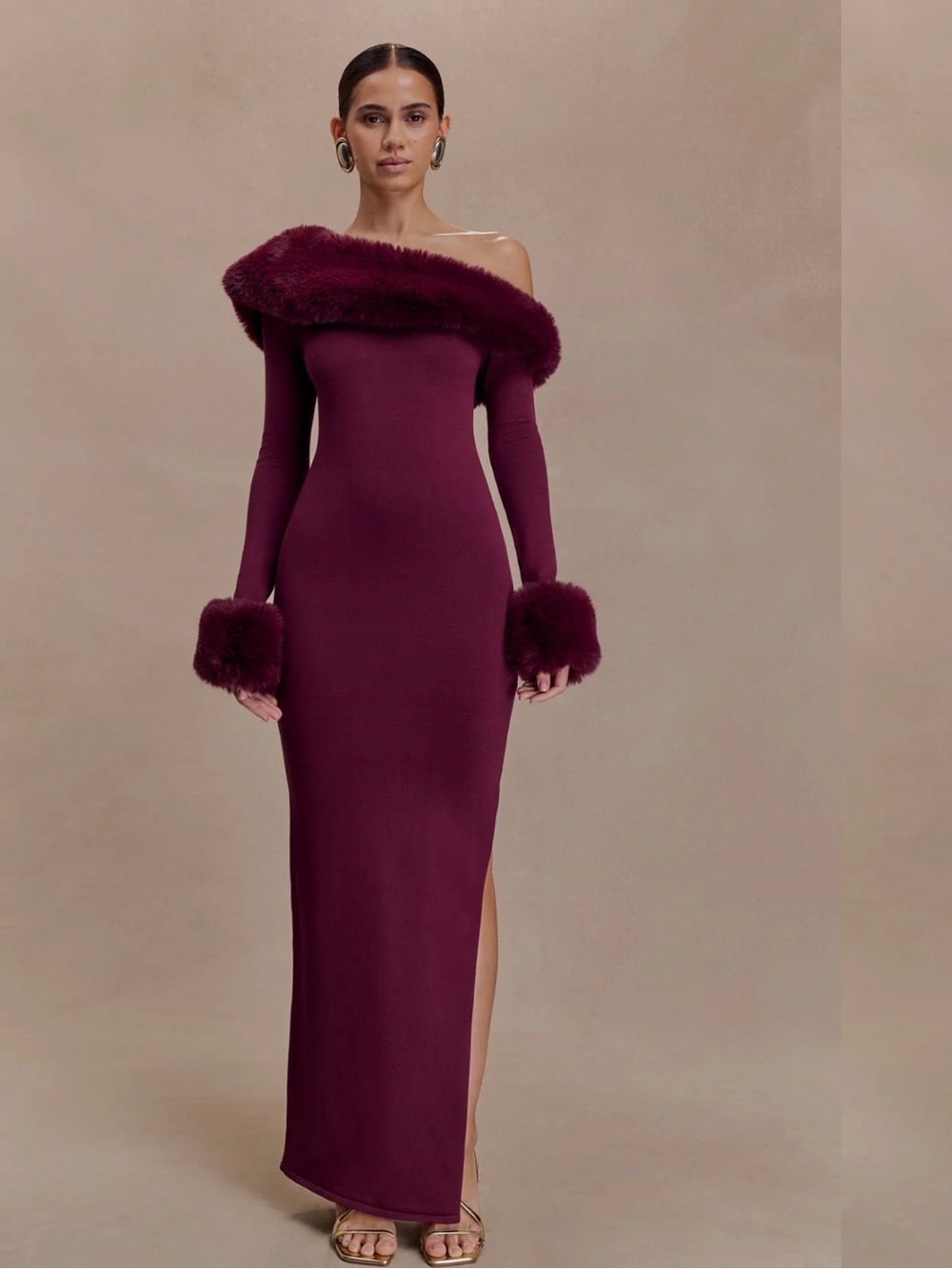 Meshki One-Shoulder Faux-Fur Trim Maxi Dress in Plum